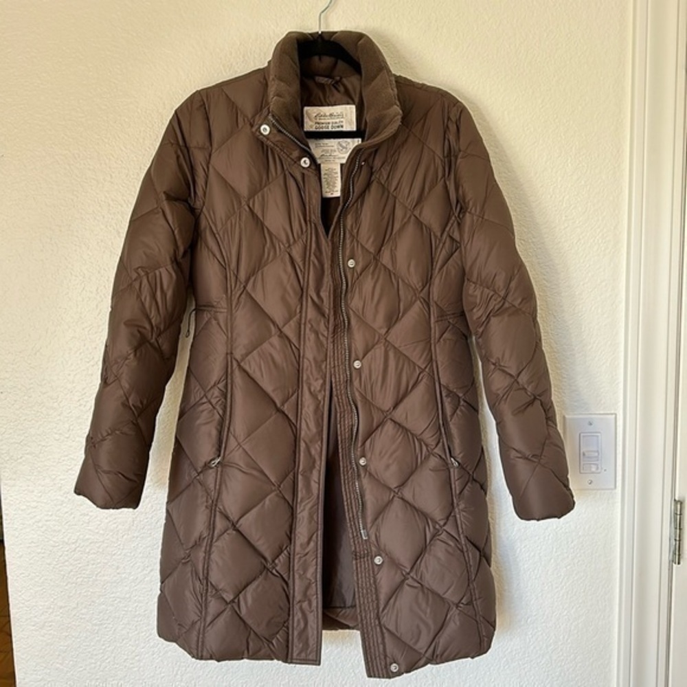 Eddie Bauer Long Quilted Brown Diamond-Stitch Puffer Coat